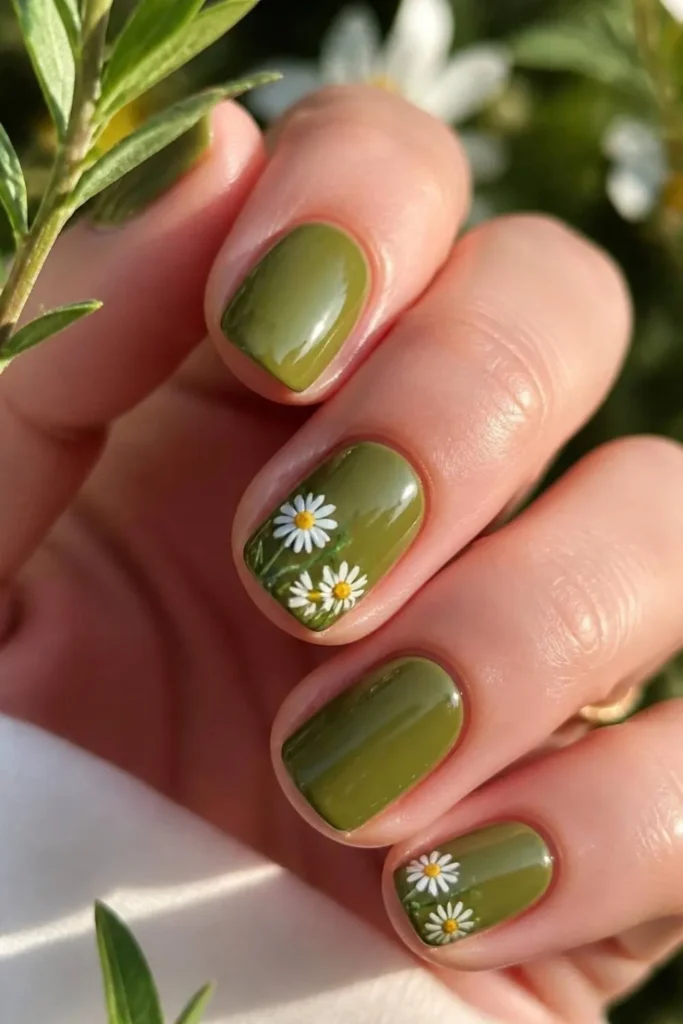 Olive green short nails decorated with tiny white daisy flowers and yellow centers on a glossy manicure inspired by botanical nail art.