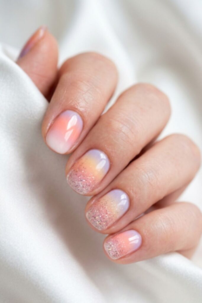 Elegant short ombré nails featuring pink-to-white gradients, sunset blends, glitter fades, and glossy natural manicures.