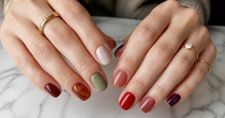 Elegant collection of short professional nails featuring milky white, burgundy, sage green, caramel, plum, coral jelly, and classic red manicures on neatly groomed hands with glossy and matte finishes.