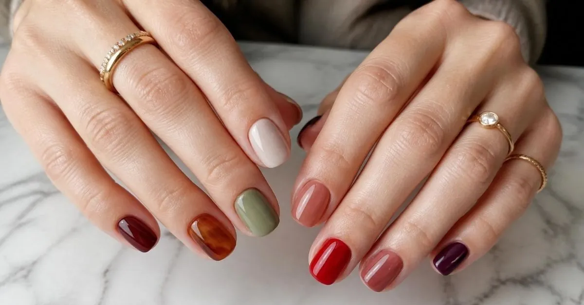 Elegant collection of short professional nails featuring milky white, burgundy, sage green, caramel, plum, coral jelly, and classic red manicures on neatly groomed hands with glossy and matte finishes.