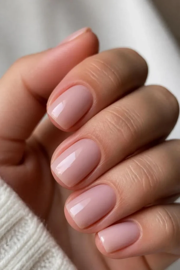 Close-up of refined short professional nails with clean cuticles, balanced oval and squoval shapes, glossy finish, and healthy natural nail care.