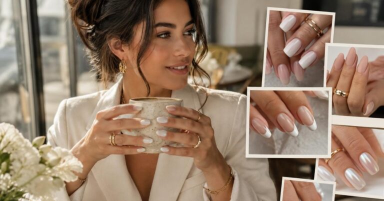 Woman holding a coffee mug showcasing simple acrylic nails for beginners in elegant neutral shades with French tips, milky white, and glazed nail designs.
