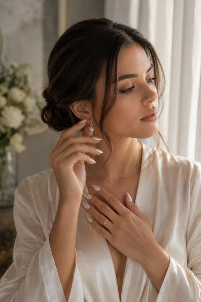 Short stiletto simple acrylic nails for beginners with pearlescent white finish and subtle iridescent shine in an elegant beauty editorial.