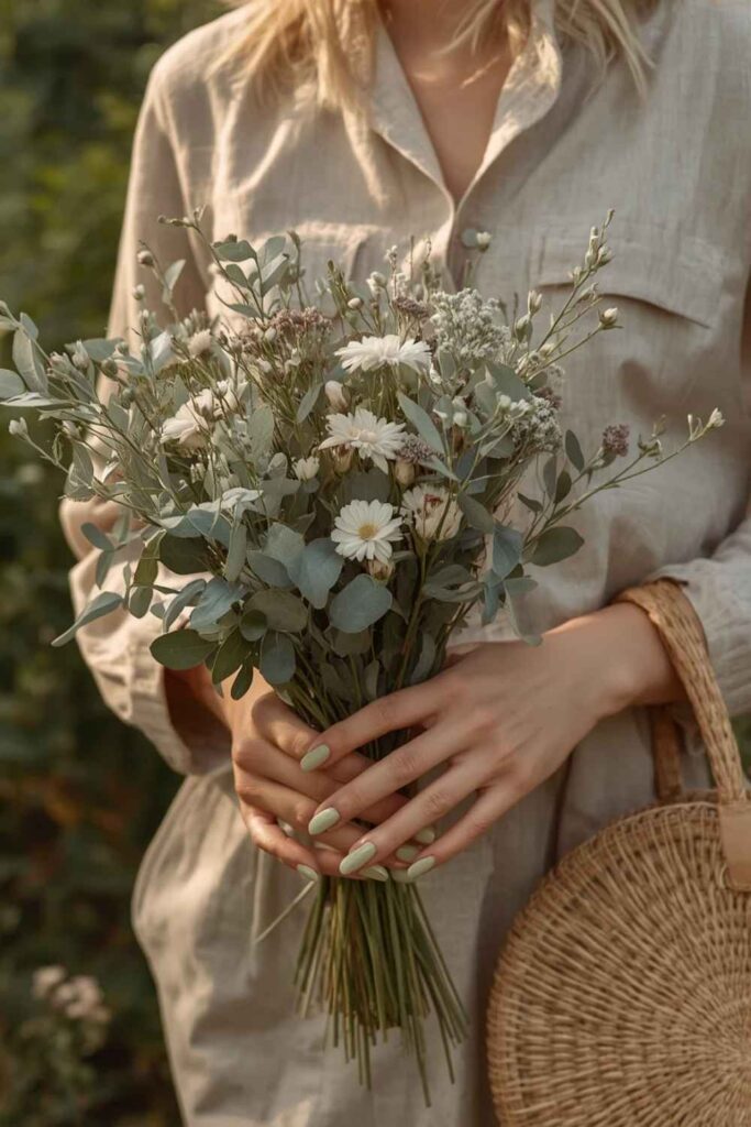 Medium almond simple acrylic nails for beginners painted soft sage green with glossy finish photographed in a botanical garden lifestyle scene.