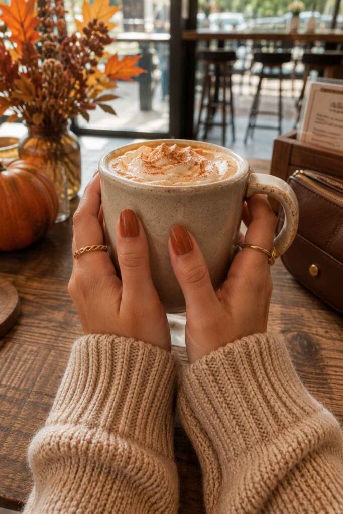 Short tapered almond simple acrylic nails for beginners in warm terracotta polish styled with cozy autumn fashion and coffee shop lifestyle.