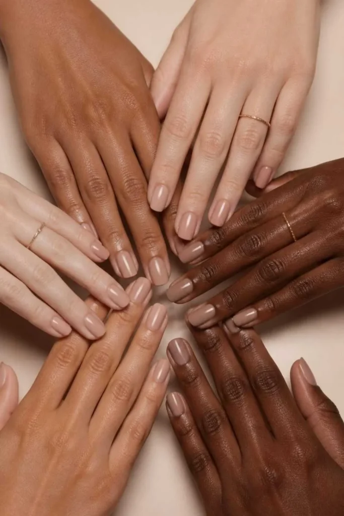 Diverse hands with fair, olive, medium, tan, and deep complexions wearing simple short nude color nails matched to individual skin tones.