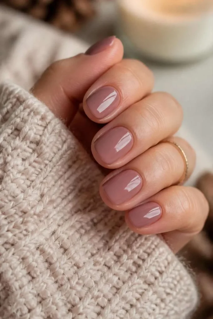 Rounded short nails painted in dusty mauve nude polish with soft glossy finish and elegant natural appearance.