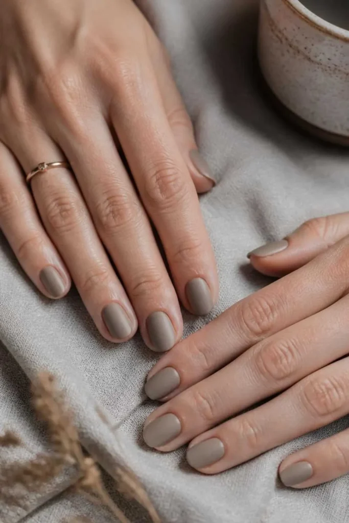 Short rounded nails wearing cool greige nude polish with a sophisticated velvet matte finish and minimalist styling.