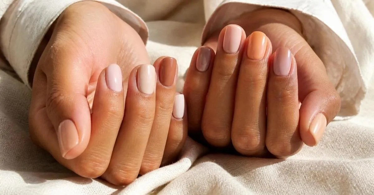 Elegant feminine hands showcasing simple short nude color nails in milky pink, caramel, blush, porcelain cream, and peach beige shades with glossy salon-quality finishes.