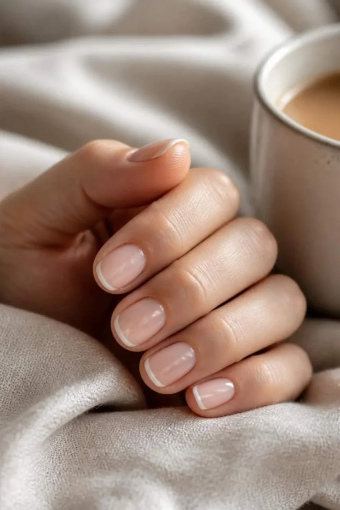 Short nude nails featuring sheer nude base with ultra-thin micro French white tips and glossy finish.