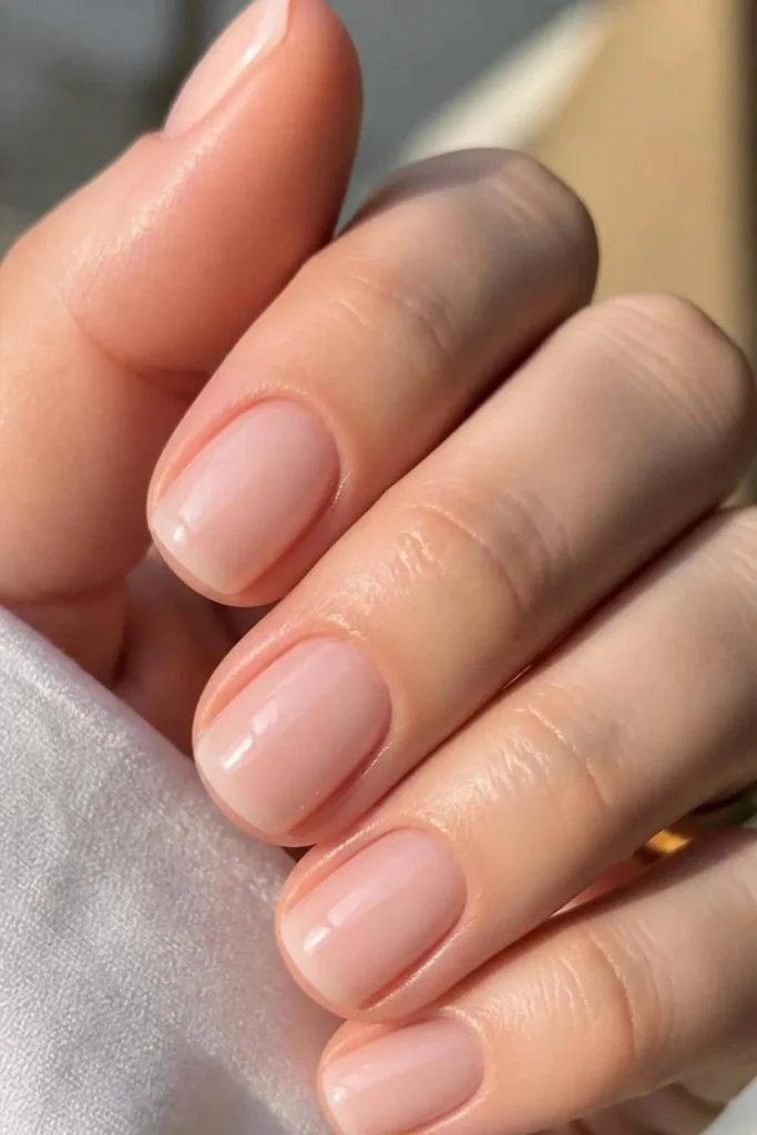 Short squoval nails painted in glossy milky pink nude polish with healthy cuticles and reflective salon-quality shine.