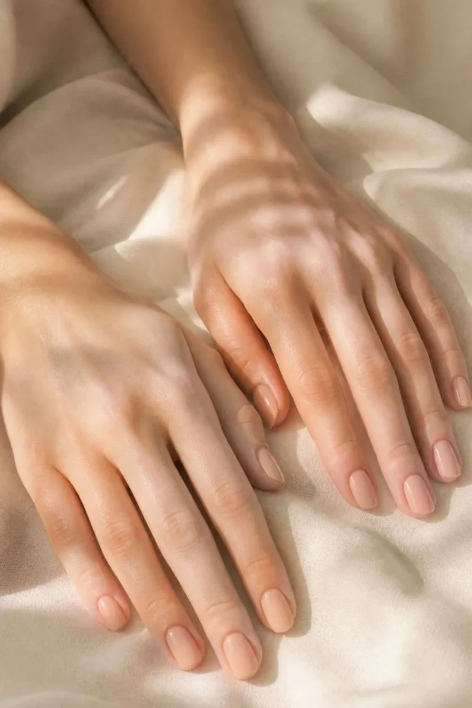 Rounded short nails finished in warm peachy beige nude polish with a soft satin shine and natural-looking manicure.