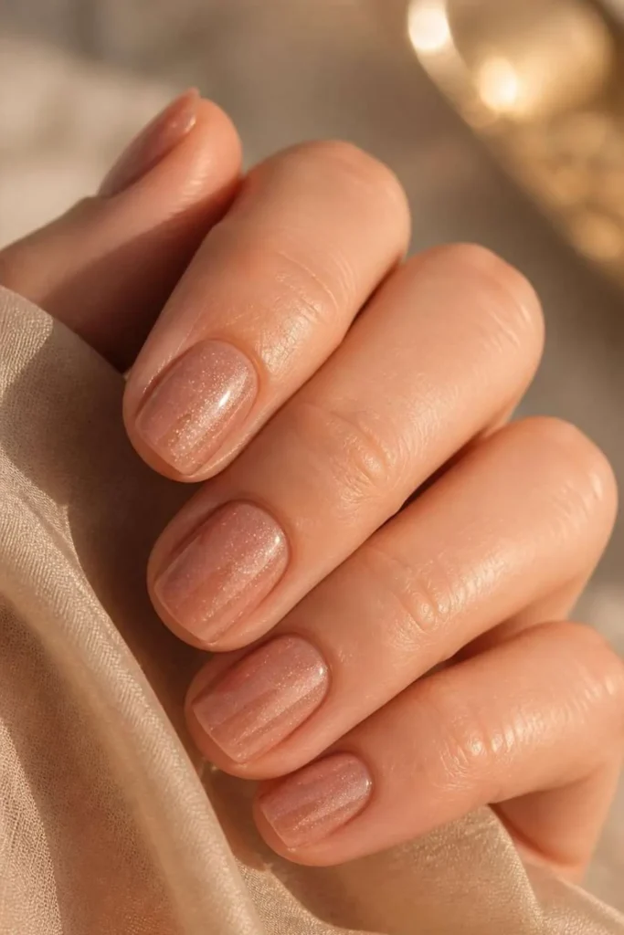 Short nude nails featuring rose gold-tinted polish with delicate shimmer reflecting soft natural sunlight.
