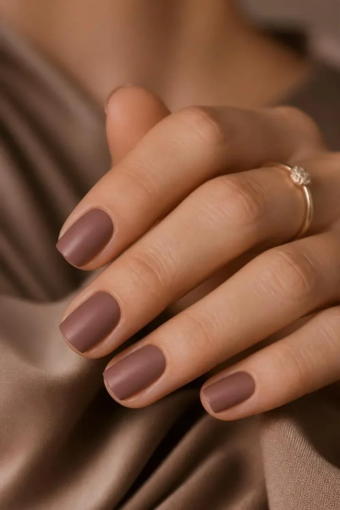 Short squoval nails painted in rosy brown nude polish finished with luxurious velvet matte texture.