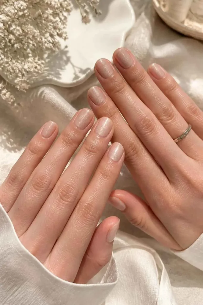 Short nude nails featuring sheer champagne polish with delicate shimmer and luminous glossy finish.