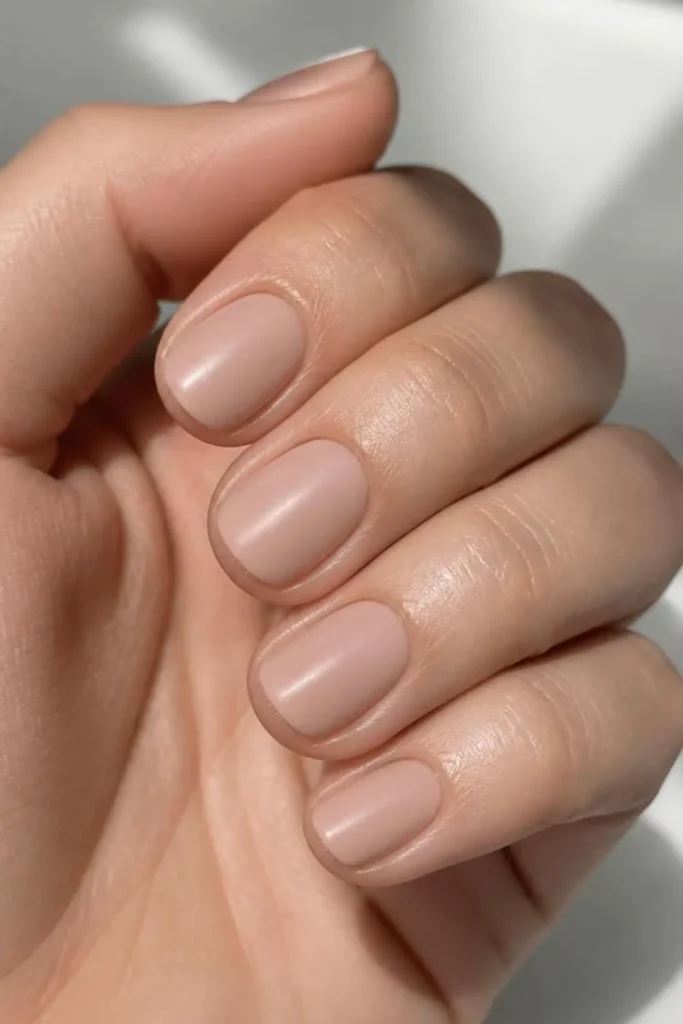 Short rounded nails painted in perfectly matched nude polish with smooth satin finish for a natural manicure.