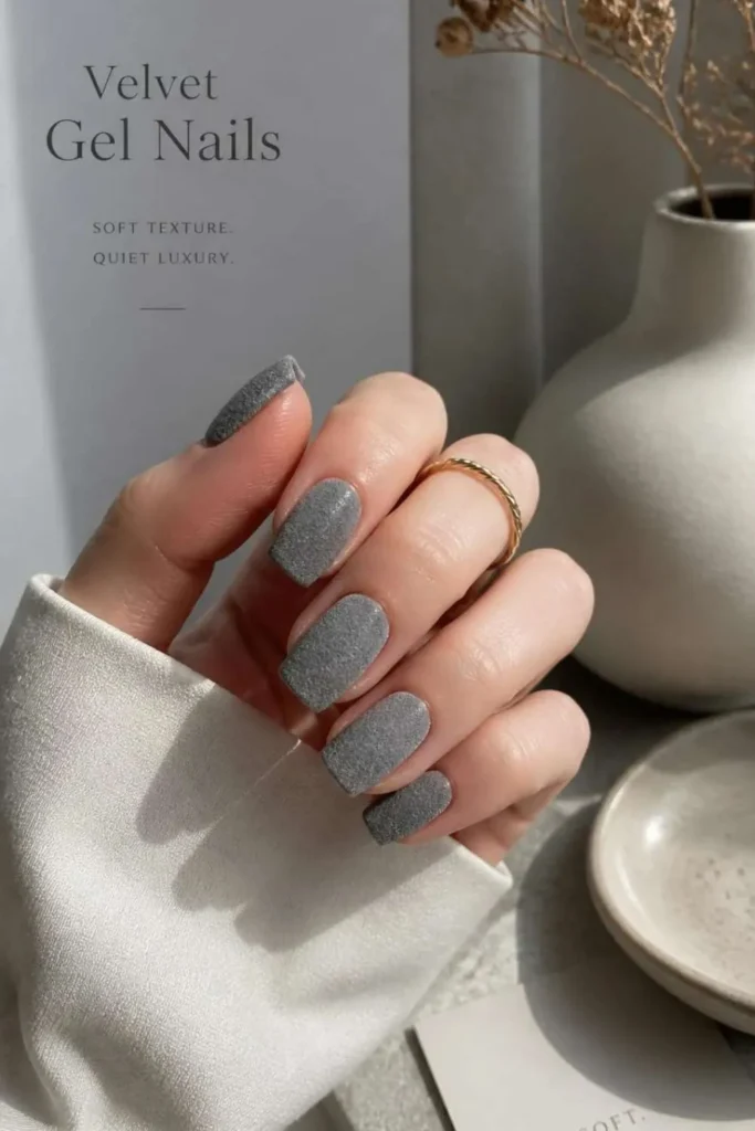 Minimalist square Velvet Gel Nails in slate gray with flocking powder and a soft suede finish under natural light.