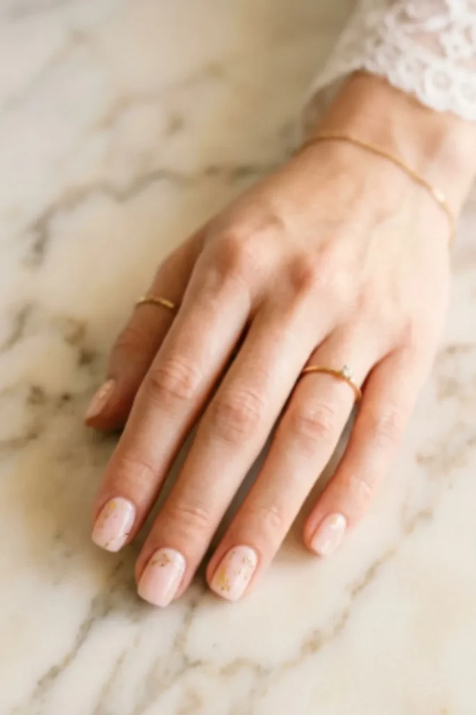 Short squoval nails painted warm mocha brown with thin white micro French tips and a glossy finish.