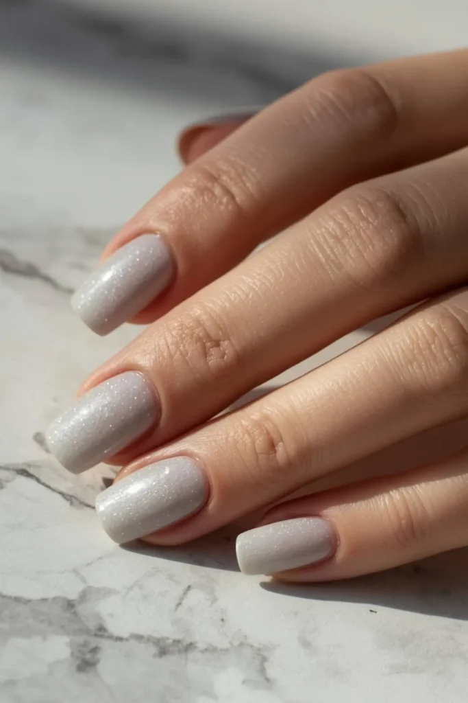 Short rounded nails in soft stone gray polish with delicate pearl shimmer creating a modern minimalist manicure.