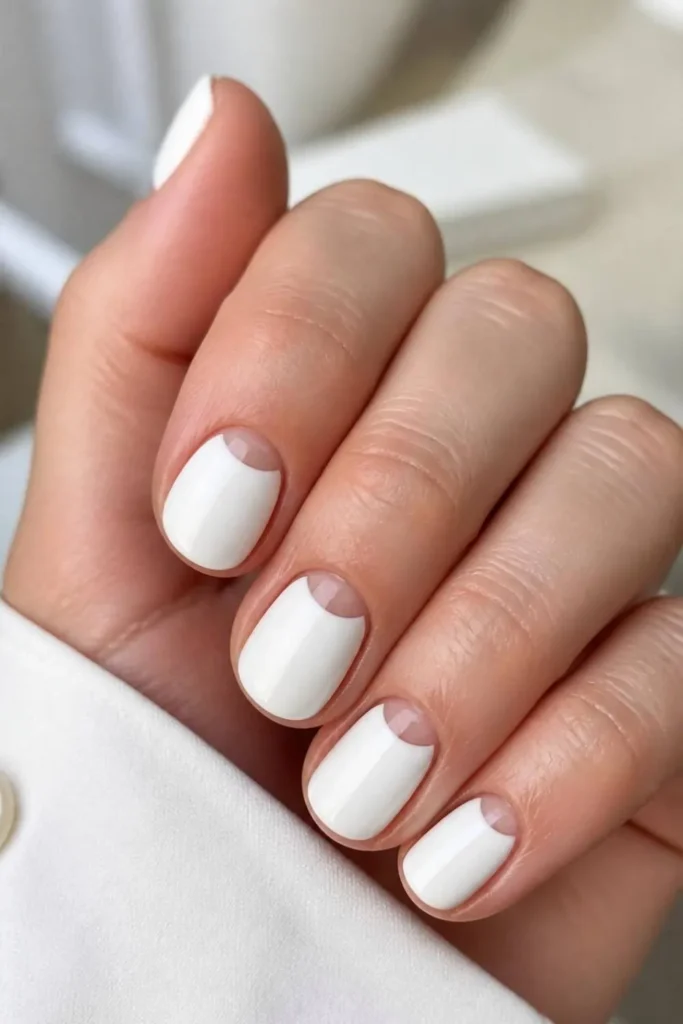 Soft white short professional nails with minimalist negative space half-moon nail art on naturally shaped nails.