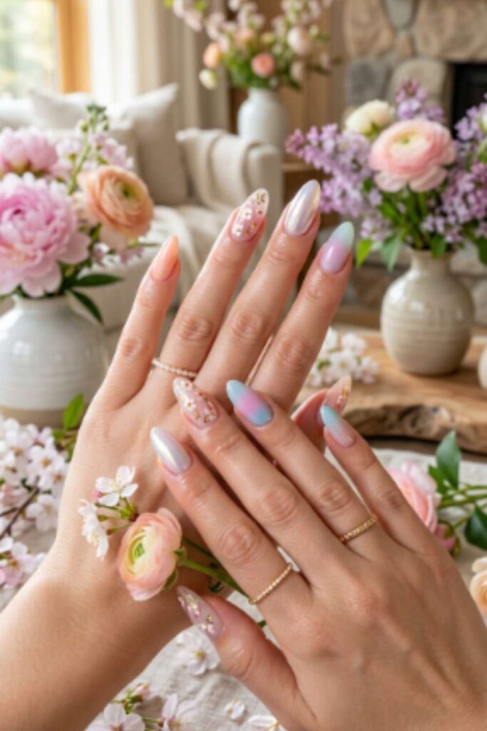 Trendy Spring 2026 Long Nail Designs featuring pastel shades, chrome finishes, aura gradients, and delicate floral accents.