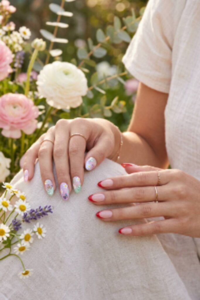 Spring nail ideas featuring pastel floral nail art, daisy accents, butterflies, and delicate Red French Tip Nails.