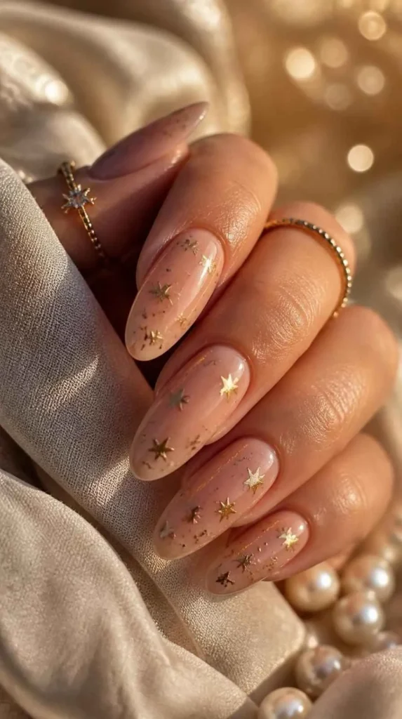 Nude gel nails decorated with delicate metallic gold stars in a celestial-inspired manicure.