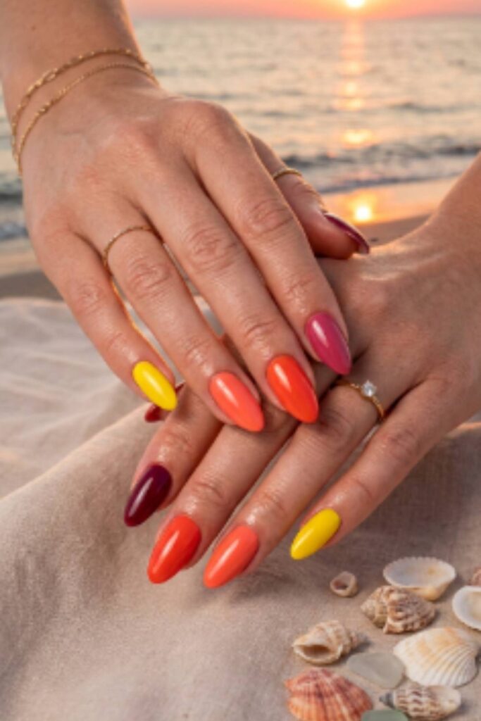 Sunset-inspired ombré manicure featuring yellow, coral, orange, rose, and burgundy nails with glossy gel finish.