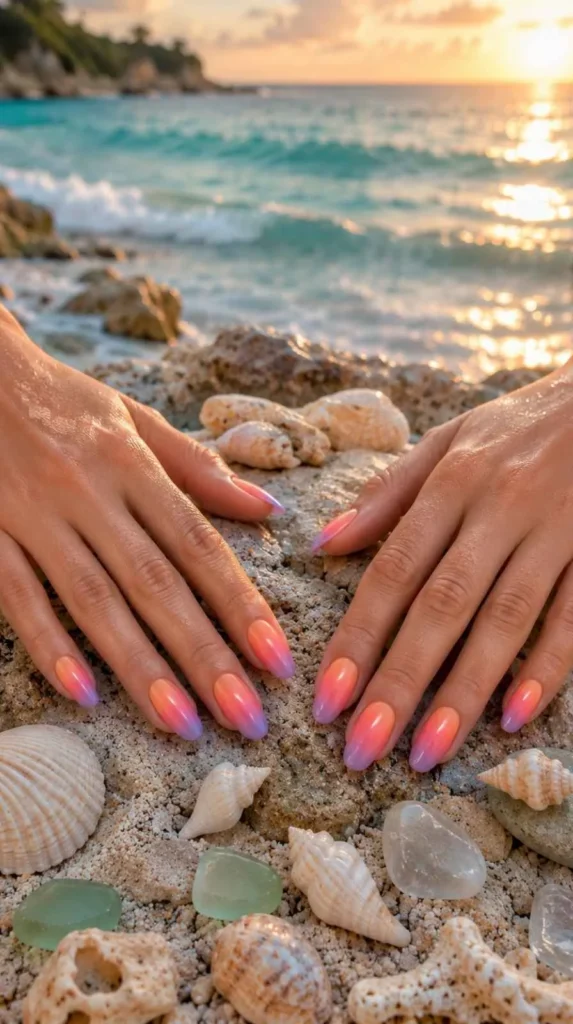 Sunset ombré gel nails blending coral, orange, pink, lavender, and purple with glossy finish.