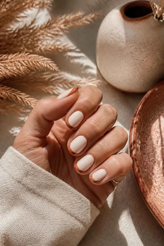 Modern short french tip nails featuring warm cream polish with terracotta French tips inspired by earthy neutral color palettes and contemporary manicure trends.
