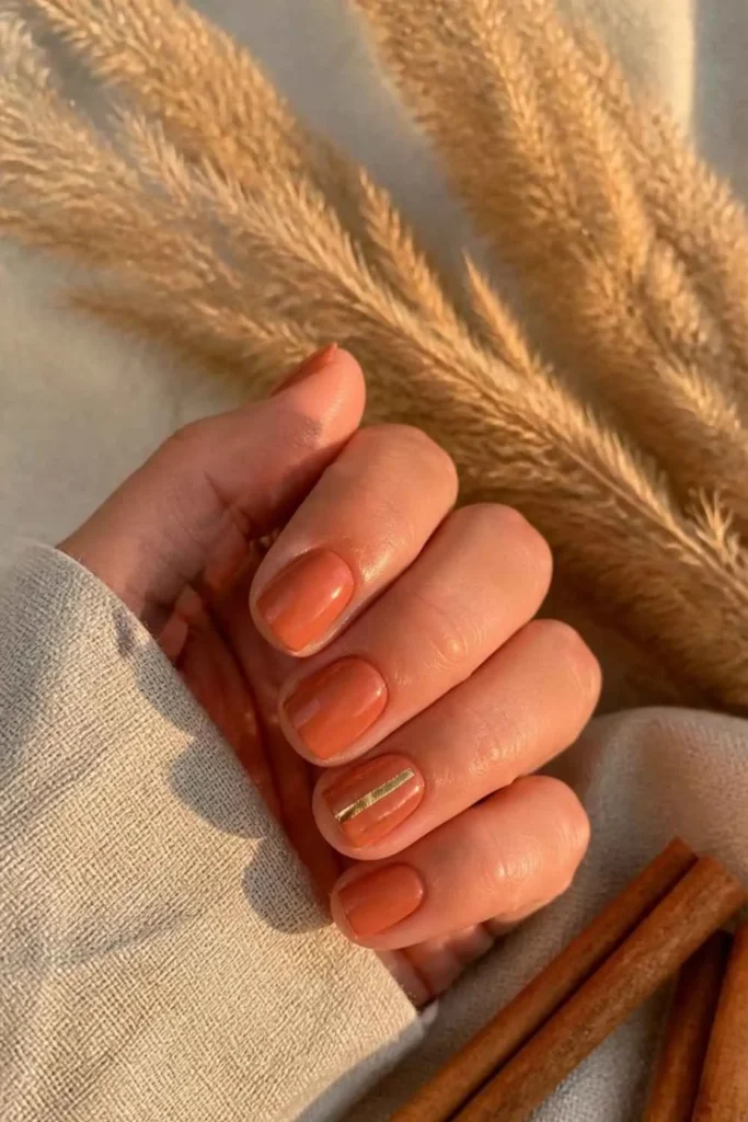 Short rounded terracotta nails with a delicate metallic gold line accent on one nail.