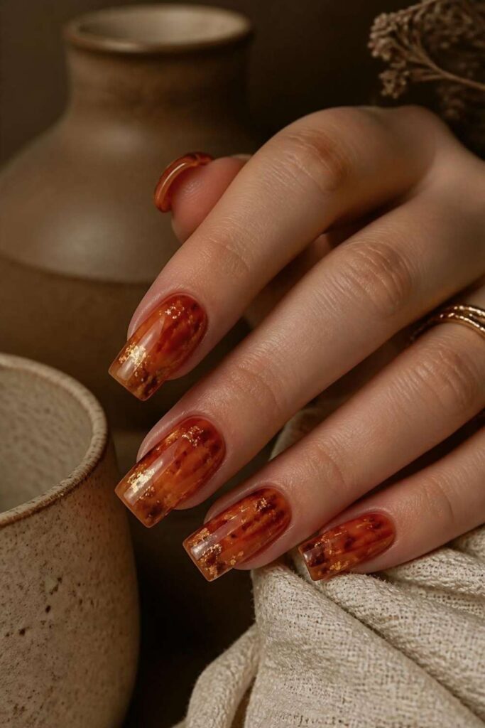 Terracotta jelly acrylic nails decorated with scattered gold leaf beneath a translucent glossy finish.