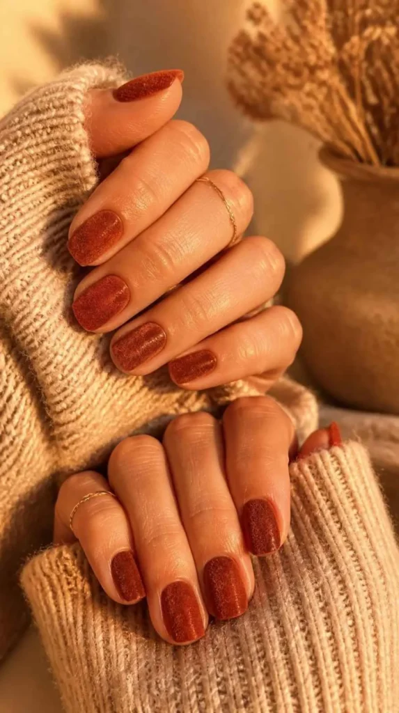 Rounded square Velvet Gel Nails in terracotta flocking powder styled with neutral knit fabric and delicate gold jewelry.