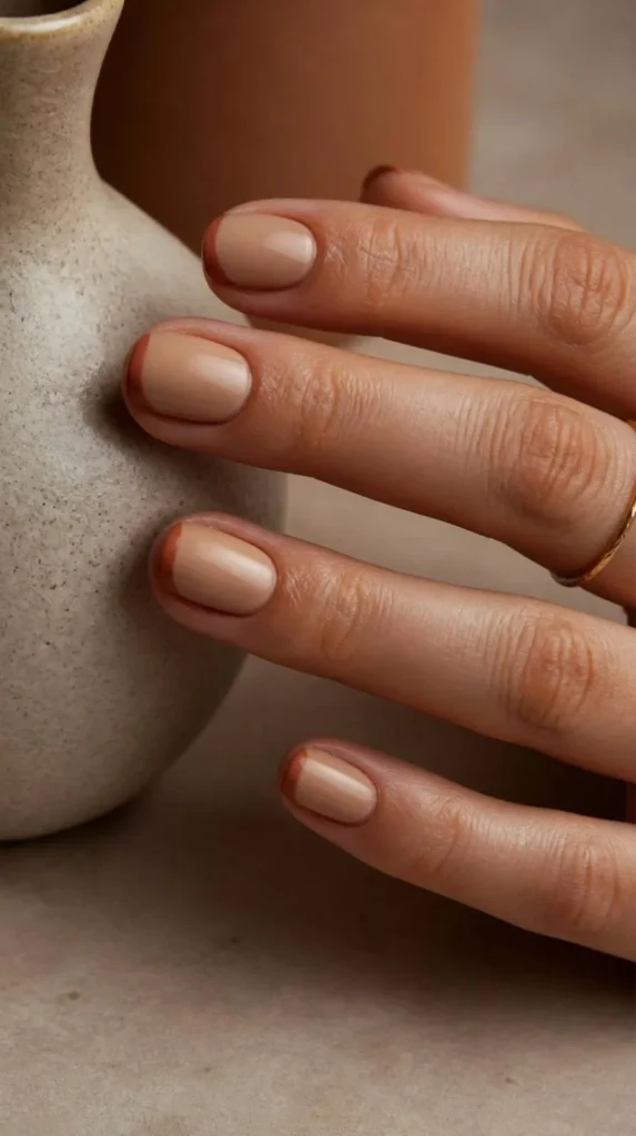 Short oval nails with warm beige polish and tonal terracotta French tips creating a subtle earthy minimalist nail design.