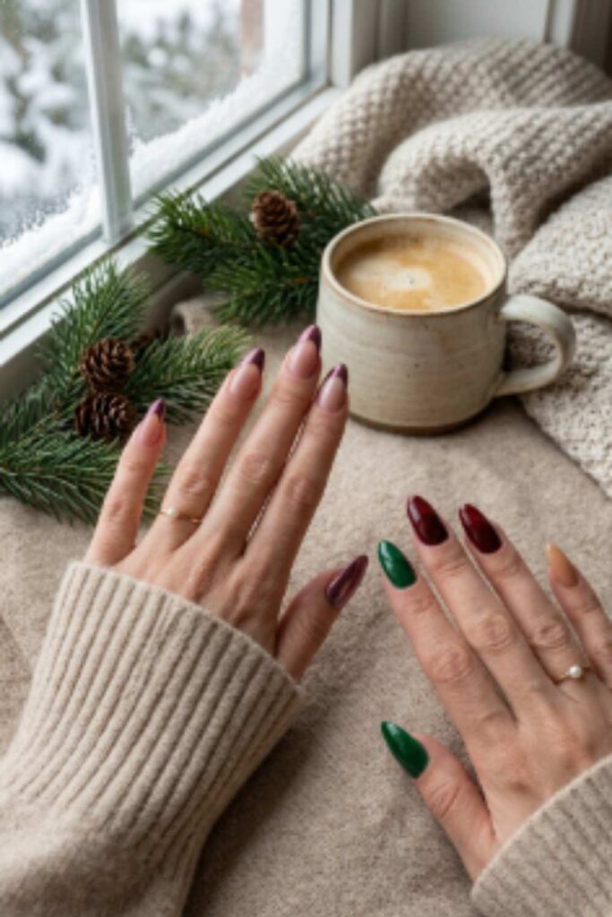 Three elegant hands displaying trendy cozy winter long nail ideas in dusty mauve, burgundy glaze, forest green jelly, and plum chrome finishes.