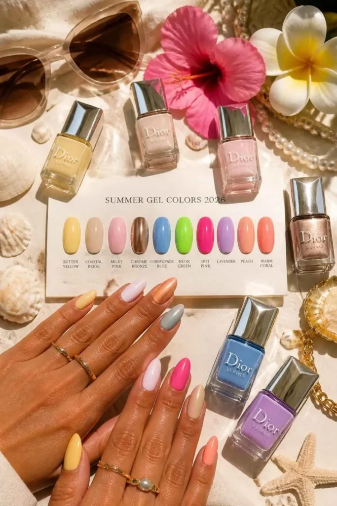Flat lay showcasing trending summer 2026 gel nail colors including butter yellow, chrome bronze, milky pink, and cornflower blue.