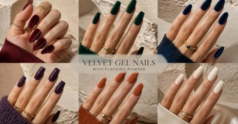 Luxury collage of Velvet Gel Nails with flocking powder featuring merlot, emerald, navy, plum, terracotta, and ivory textured manicures on almond, coffin, oval, and square nail shapes.