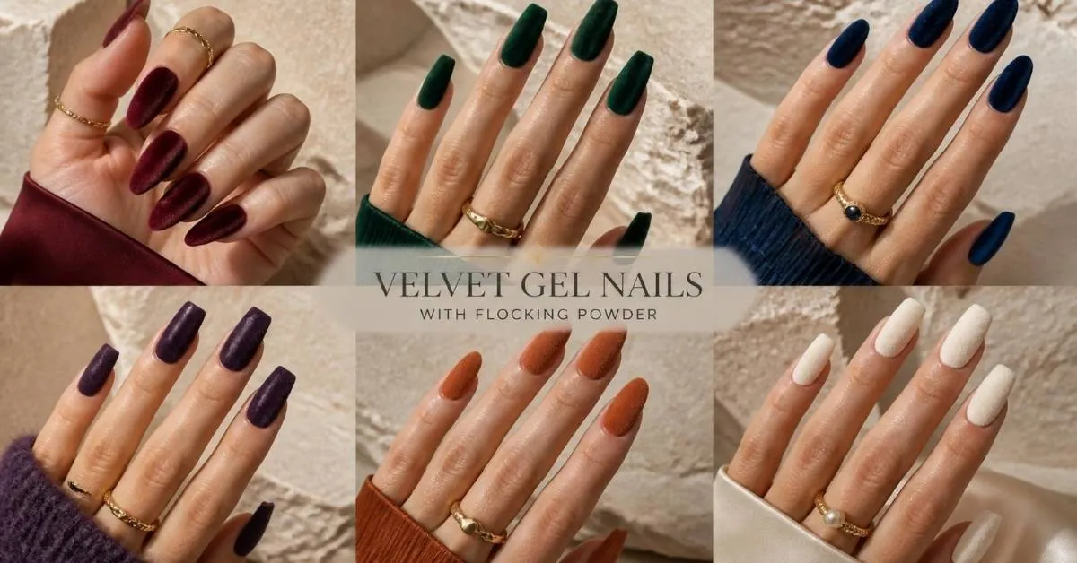 Luxury collage of Velvet Gel Nails with flocking powder featuring merlot, emerald, navy, plum, terracotta, and ivory textured manicures on almond, coffin, oval, and square nail shapes.