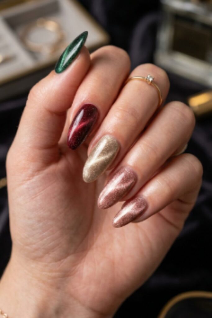 Close-up of luxurious velvet nails with magnetic shimmer in emerald, burgundy, champagne, and rose gold tones.