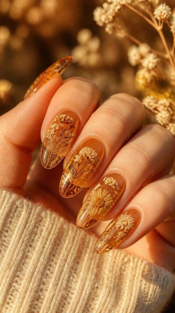 Warm amber jelly acrylic nails with real dried wildflowers embedded inside translucent glass-like acrylic.