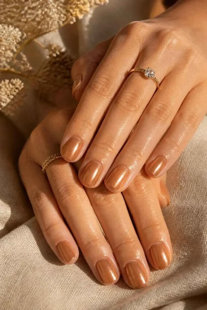 Oval short professional nails in warm caramel polish with delicate shimmer and smooth glossy finish on healthy natural nails.