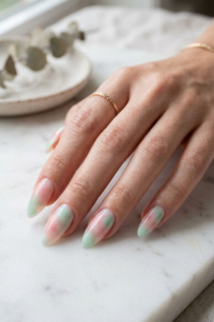 Long almond nails blending blush pink and mint in a soft watercolor effect with glossy artistic finish.
