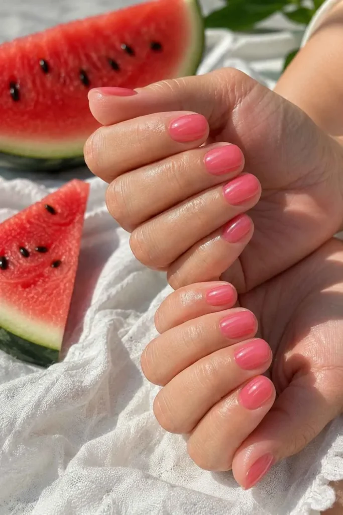 Short oval nails painted in translucent watermelon pink jelly polish with a glossy glass-like finish beside fresh watermelon slices.
