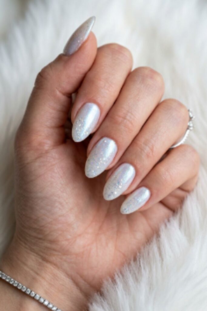 White frosted nails with iridescent shimmer, pearl chrome finish, and icy winter elegance.