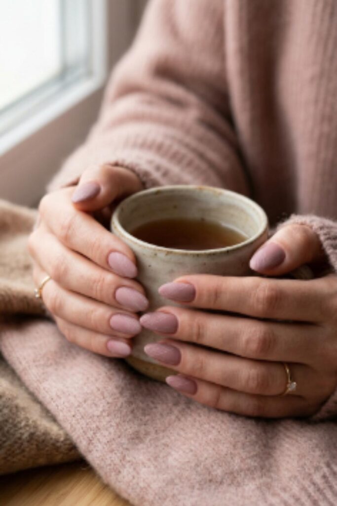 Dusty rose nails featuring subtle diagonal white linen texture for a soft minimalist winter manicure.