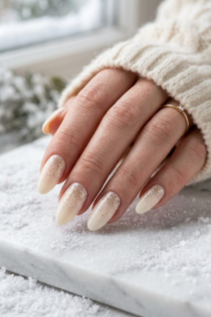 Ivory almond nails featuring a fine champagne glitter gradient at the cuticle with a glossy finish.