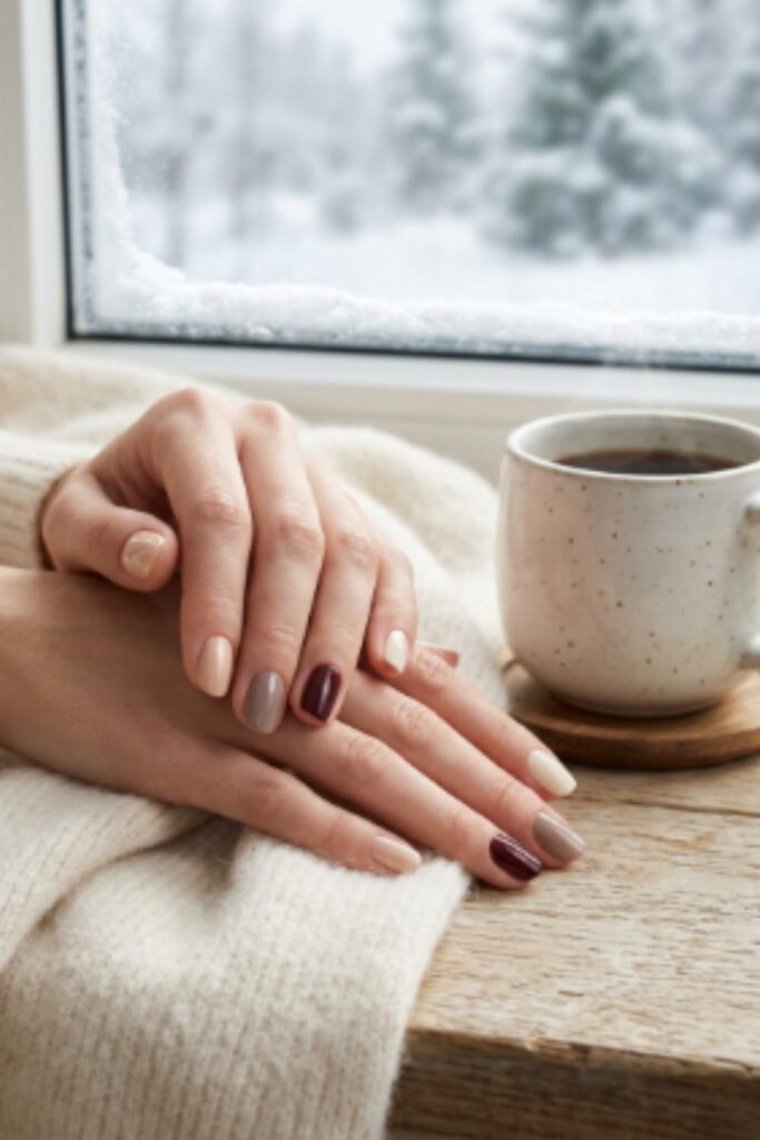 Glossy midnight navy square nails with delicate silver foil edges creating an elegant winter manicure.