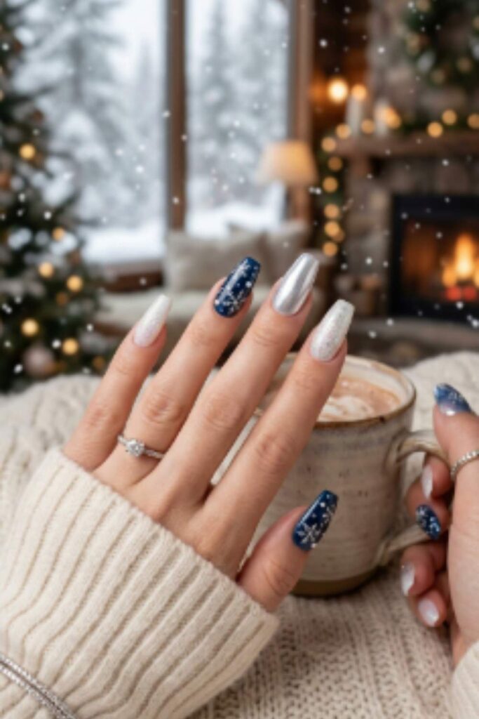 Winter nail ideas featuring icy chrome, pearl white polish, glitter accents, and snowflake nail art.