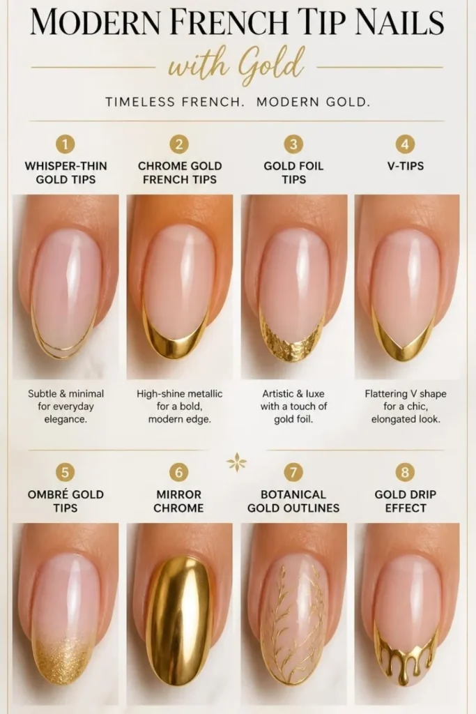 Modern French Tip Nails with Gold