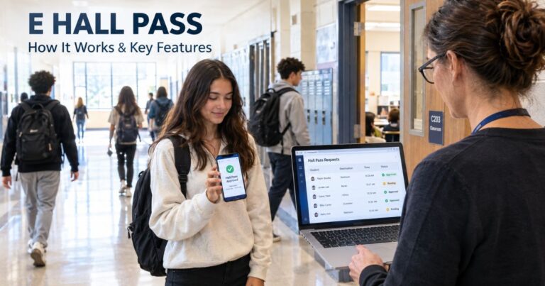 E Hall Pass digital system for student movement tracking and teacher approval in a school hallway